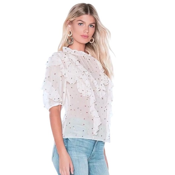 $425 Rebecca Taylor 100% Silk Top 2 XSmall Glitter Shimmering Dots Ruffled NWT - Picture 3 of 13